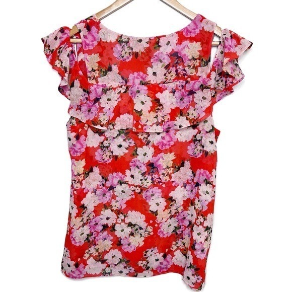 Cabi Red Floral Cold Shoulder Ruffle Sleeve Womens Top V-Neck Blouse 5352 Medium - Picture 5 of 8